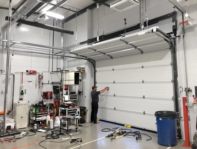 Brecksville Garage Door Repair certified technician performing commercial door repair at a Brecksville business facility