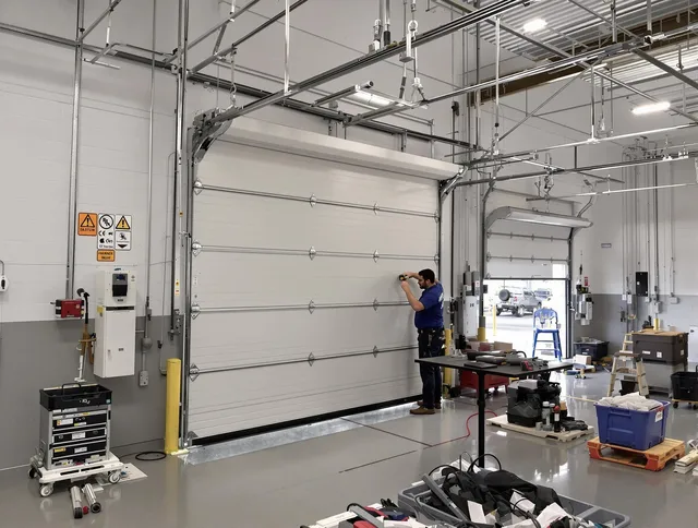 Commercial garage door repair being performed by Brecksville Garage Door Repair expert in Brecksville