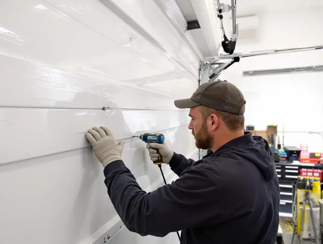 Brecksville Garage Door Repair technician demonstrating precision dent removal techniques on a Brecksville garage door