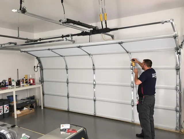 Brecksville Garage Door Repair certified technician performing overhead door system repair in Brecksville