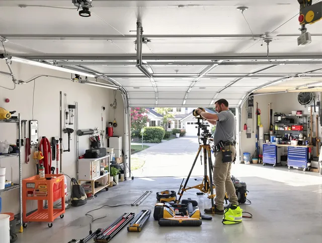 Brecksville Garage Door Repair specialist performing laser-guided track alignment in Brecksville
